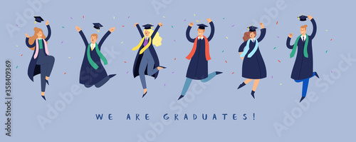Set of happy jumping young people. Cartoon international students in graduation gowns and caps. Educated university or collage graduating man and woman characters. Flat isolated vector illustration.