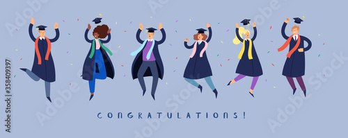 Set of happy jumping young people. Cartoon international students in graduation gowns and caps. Educated university or collage graduating man and woman characters. Flat isolated vector illustration.