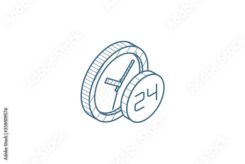 24 hour, around the clock, day and night isometric icon. 3d line art technical drawing. Editable stroke vector