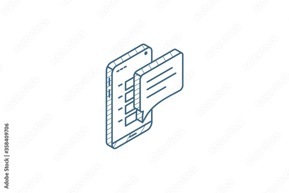 message on smartphone, mobile phone isometric icon. 3d line art technical drawing. Editable stroke vector message on smartphone, mobile phone isometric icon. 3d line art technical drawing. Editable stroke vector