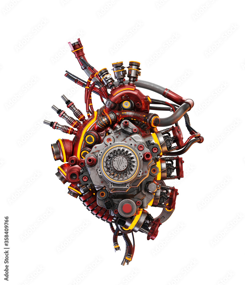 Steel robotic red heart with yellow lighting, futuristic replacement organ, 3d rendering on white background Steel robotic red heart with yellow lighting, futuristic replacement organ, 3d rendering on white background