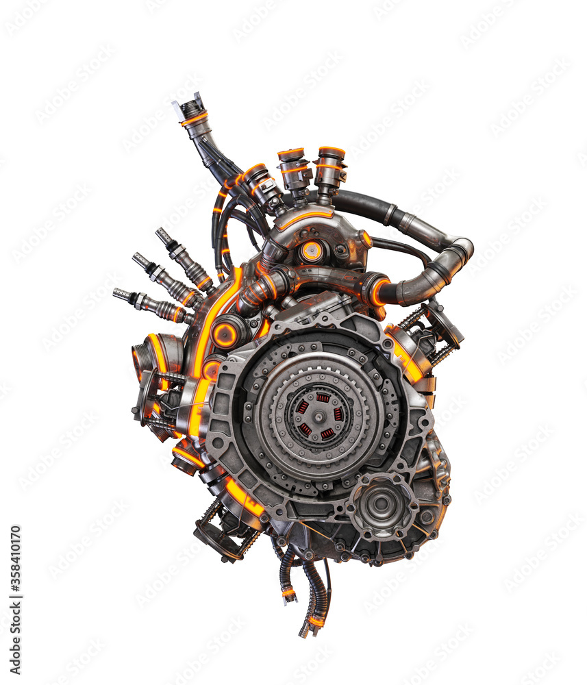 Steel robotic heart with orange lighting, futuristic replacement organ, 3d rendering on white background Steel robotic heart with orange lighting, futuristic replacement organ, 3d rendering on white background