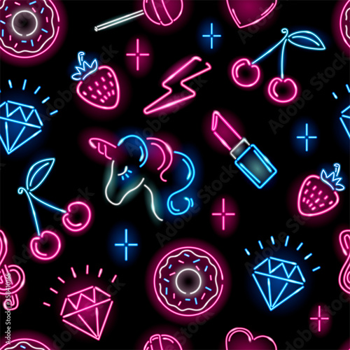 Seamless pattern with neon icons of unicorn face, strawberry, diamond, cherry, donut, lollypop, lipstick, heart on black background. Children or girly concept. Vector 10 EPS illustration.