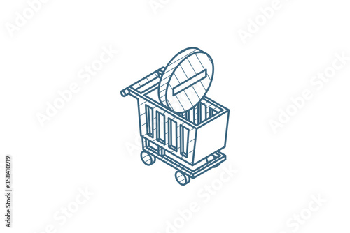 shopping cart and minus sign isometric icon. 3d line art technical drawing. Editable stroke vector photo