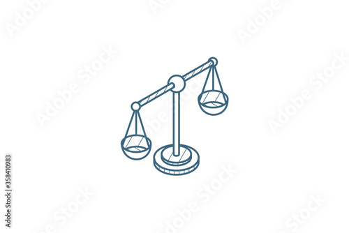 justice and law symbol, scales isometric icon. 3d line art technical drawing. Editable stroke vector