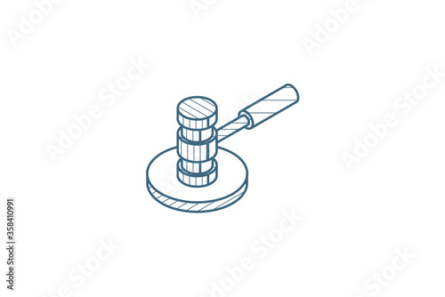 auction hammer, law and justice symbol, verdict isometric icon. 3d line art technical drawing. Editable stroke vector