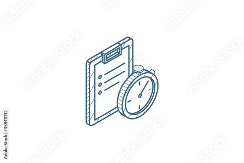Clipboard and stopwatch. Time management, control, planning isometric icon. 3d line art technical drawing. Editable stroke vector