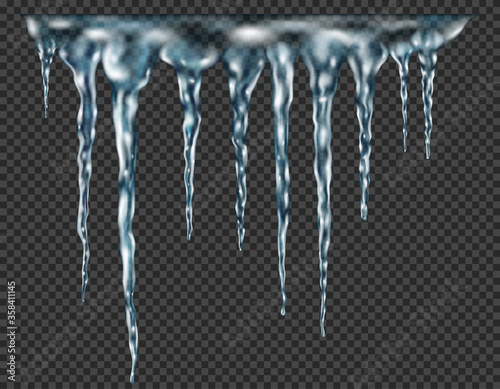 Group of translucent light blue realistic icicles of different lengths connected at the top. For use on dark background. Transparency only in vector format