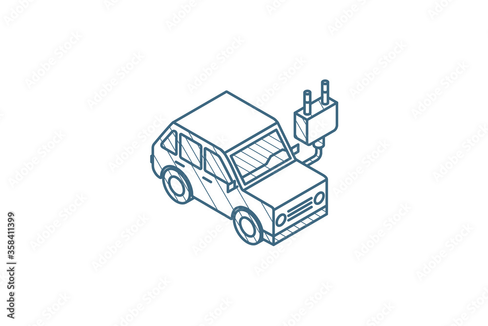 electric car, plug cable, ecology isometric icon. 3d line art technical drawing. Editable stroke vector electric car, plug cable, ecology isometric icon. 3d line art technical drawing. Editable stroke vector