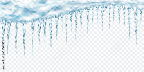 Group of translucent light blue realistic icicles of different lengths connected at the top. For use on light background. Transparency only in vector format