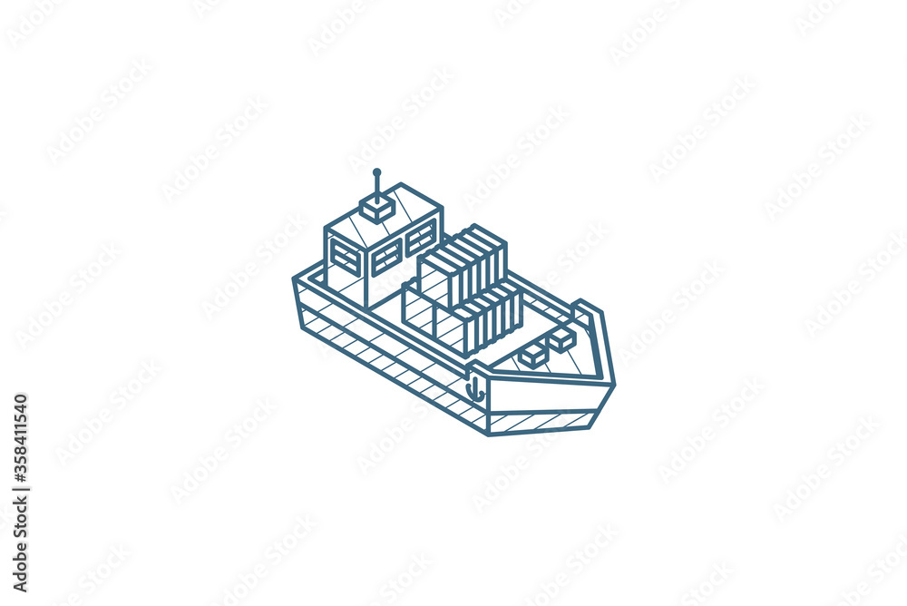 container cargo ship isometric icon. 3d line art technical drawing. Editable stroke vector