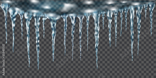 Group of translucent light blue realistic icicles of different lengths connected at the top. For use on dark background. Transparency only in vector format