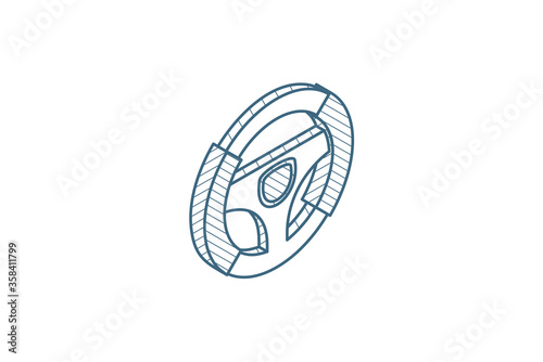 Steering wheel isometric icon. 3d line art technical drawing. Editable stroke vector