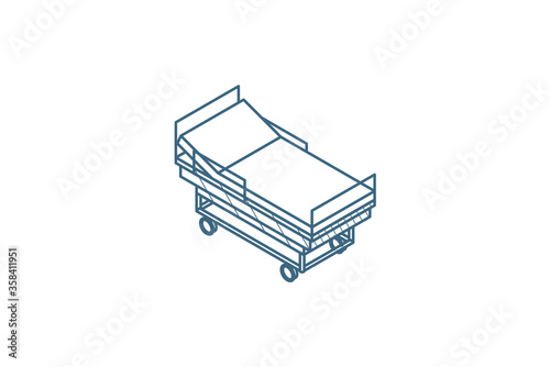 Hospital bed or hospital ward, medical treatment, healthcare isometric icon. 3d line art technical drawing. Editable stroke vector
