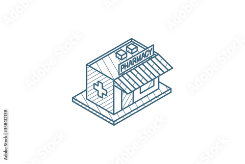 pharmacy building isometric icon. 3d line art technical drawing. Editable stroke vector