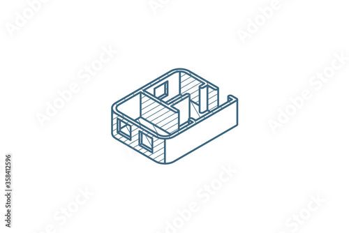 Architectural drawings. apartment plan isometric icon. 3d line art technical drawing. Editable stroke vector