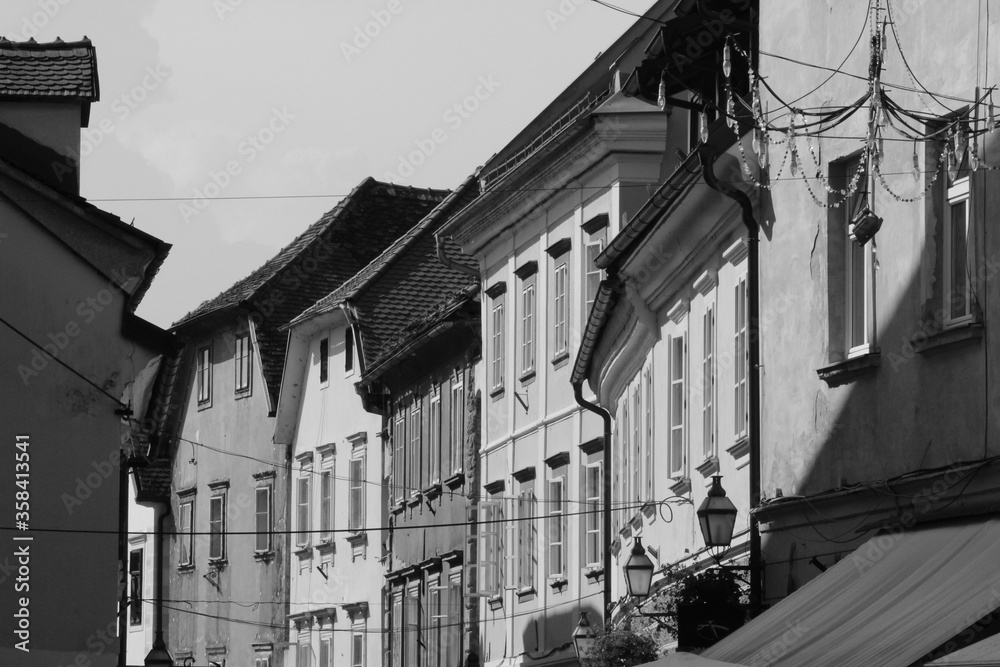 Black and withe street in the old town of Ljubljana Slovenia