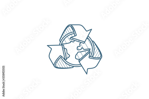 recycle arrows and earth isometric icon. 3d line art technical drawing. Editable stroke vector