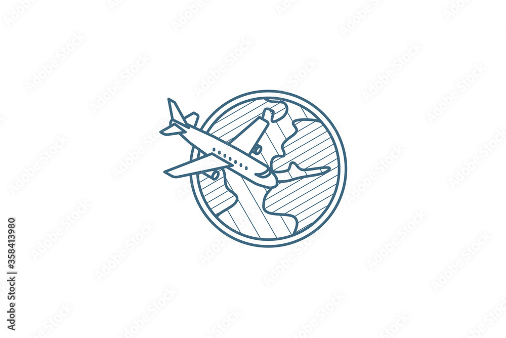 Earth Planet. Plane trip around the world isometric icon. 3d line art technical drawing. Editable stroke vector Earth Planet. Plane trip around the world isometric icon. 3d line art technical drawing. Editable stroke vector