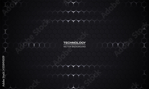 Dark hexagonal abstract technology background. White bright flashes under hexagon in modern technology futuristic dark vector illustration. Black honeycomb texture grid.