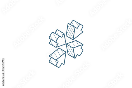 Arrows in the center isometric icon. 3d line art technical drawing. Editable stroke vector