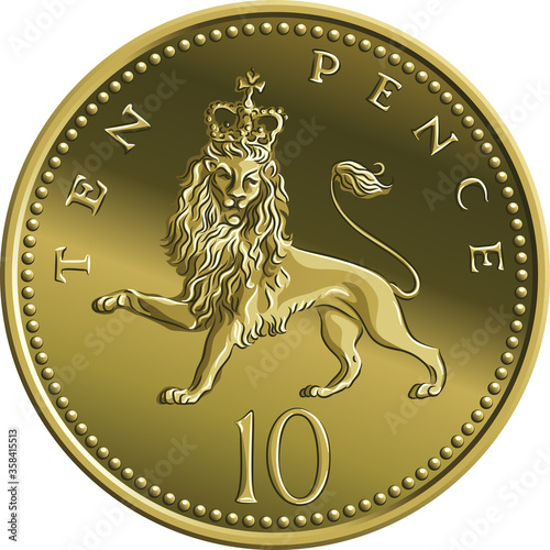 British money gold coin Ten pee or ten pence, reverse with heraldic crowned lion
