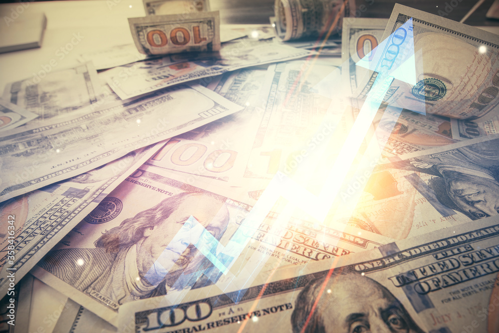 Double exposure of grow arrows drawing over usa dollars bill background. Concept of success. Double exposure of grow arrows drawing over usa dollars bill background. Concept of success.