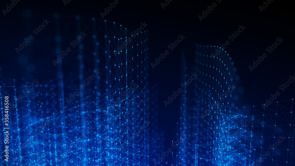 Abstract network connection with dots and lines on dark blue background. 3D rendering.