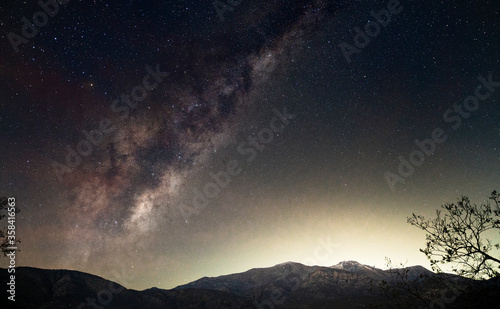 The milky way galaxy shining behind the Coastal mountain range of Central Chile.
