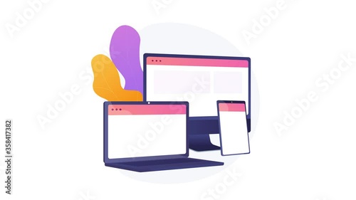 Adaptive web design. Responsive website for computer, laptop and tablet modern gadgets. Webpage development optimization abstract concept motion graphics metaphor. 4K seamless loop animation footage.