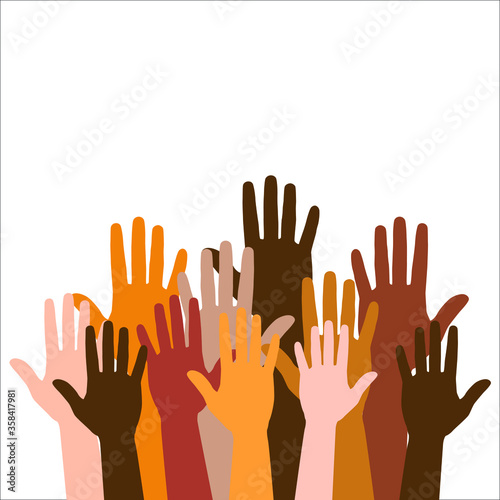 Colored volunteer crowd hands isolated on white background. Raised hand silhouettes, people colorful voting vector illustration