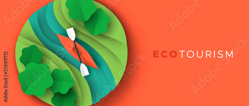 Eco tourism paper cut banner of kayak boat sport