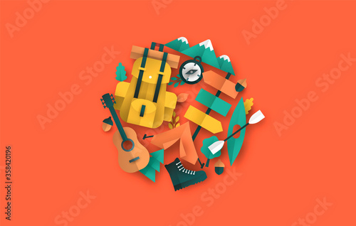 Camping outdoor travel paper cut craft icons