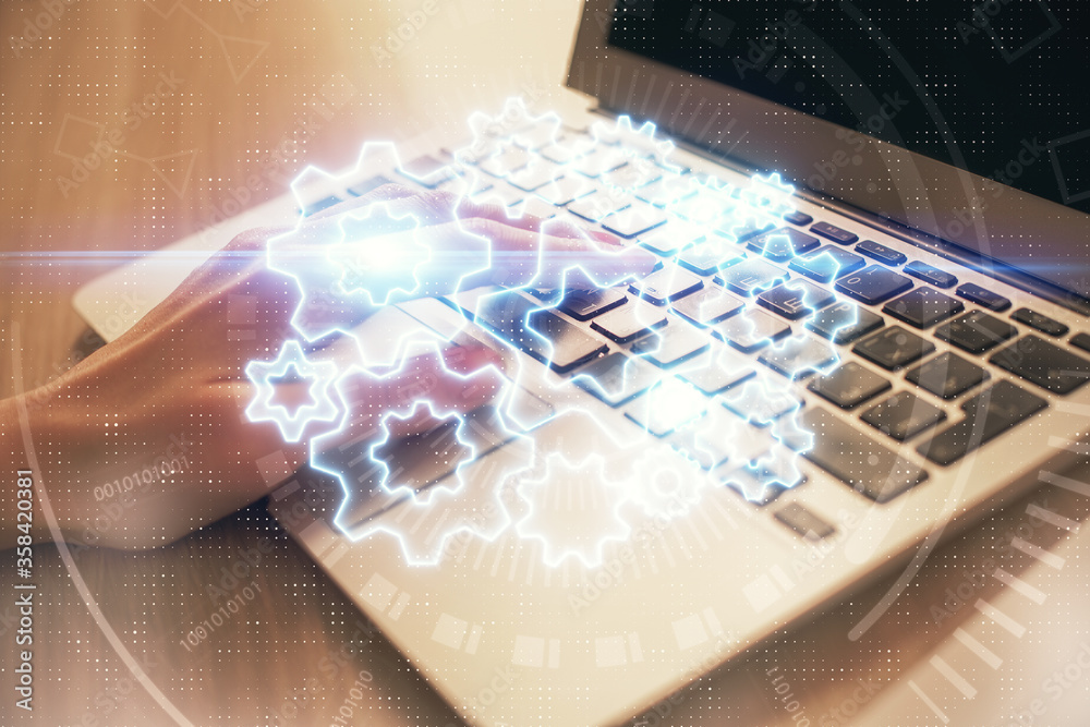 Double exposure of woman hands typing on computer and business theme hologram drawing. Success concept. Double exposure of woman hands typing on computer and business theme hologram drawing. Success concept.