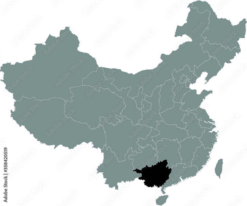 Black Location Map of Chinese Autonomous Region of Guangxi Zhuang within Grey Map of China