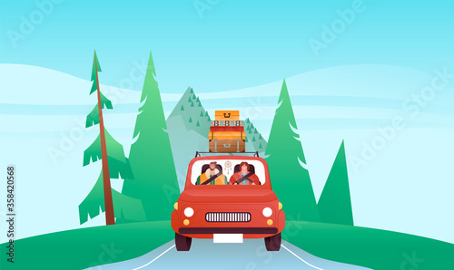 People driving car vacation in nature landscape