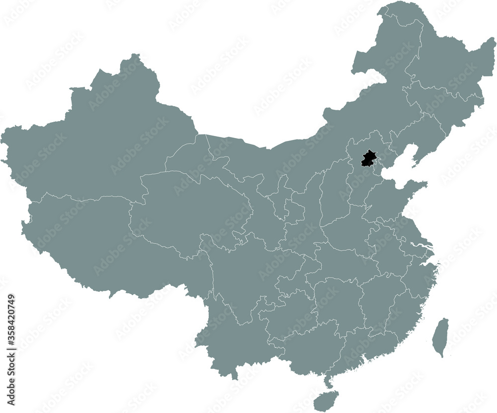 Fototapeta premium Black Location Map of Chinese Municipality of Beijing within Grey Map of China