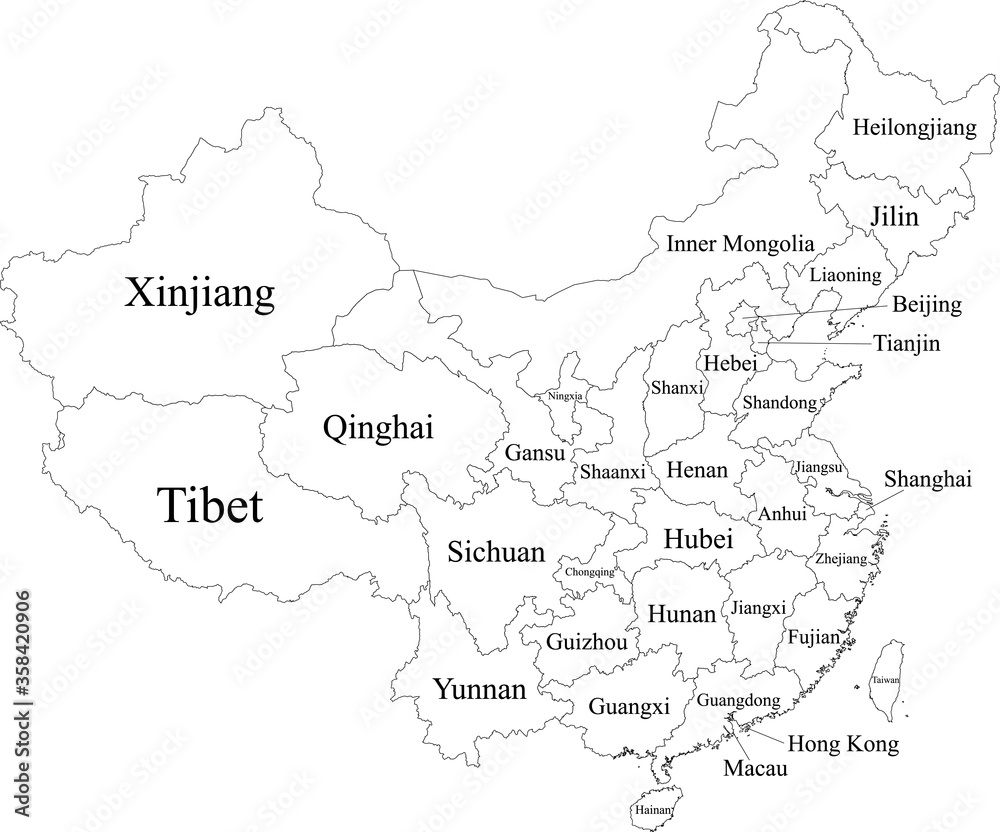 Obraz Mapa prowincji z białą etykietą azjatyckiego kraju w Chinach