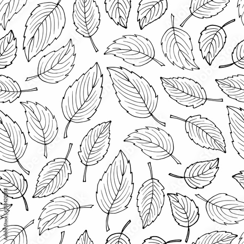 Seamless pattern with black leaves on white background. Black white sketch. Hand drawn digital paper. Abstract pattern with black leaves for scrapbooking, wallpaper, fabric, packing, wrapping design © Елена Кутузова