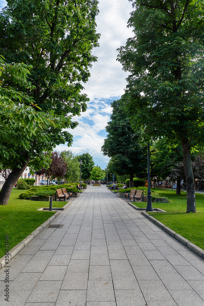 Vrsac, Serbia - June 04, 2020: The pedestrian zone in Vrsac, Serbia. Centuries old meeting place of the townsfolk. Russian Park.