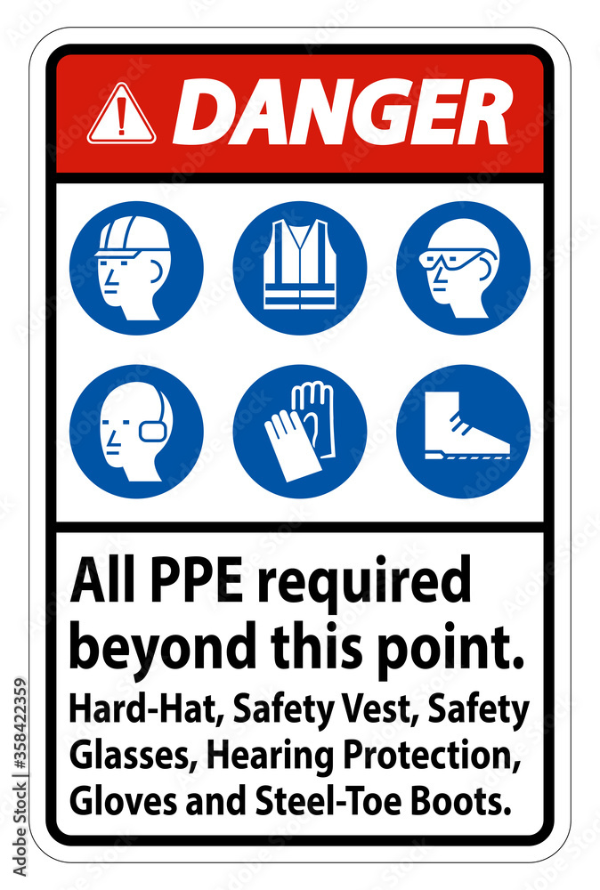 Danger PPE Required Beyond This Point.Hard Hat, Safety Vest,Safety Glasses,Hearing Protection
