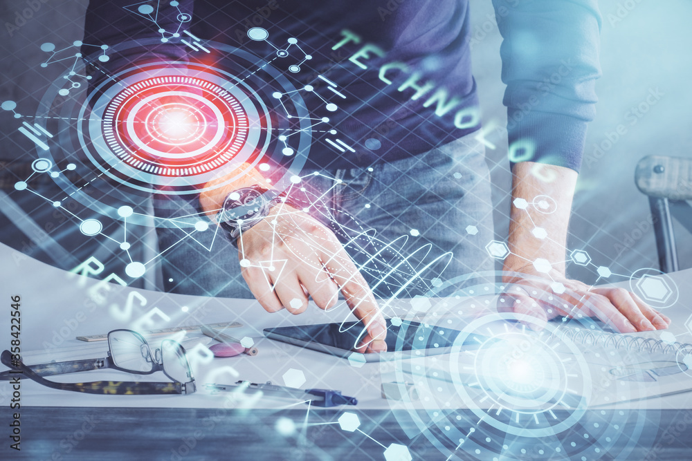 Double exposure of man's hand holding and using a digital device and data theme drawing. Technology concept. Double exposure of man's hand holding and using a digital device and data theme drawing. Technology concept.