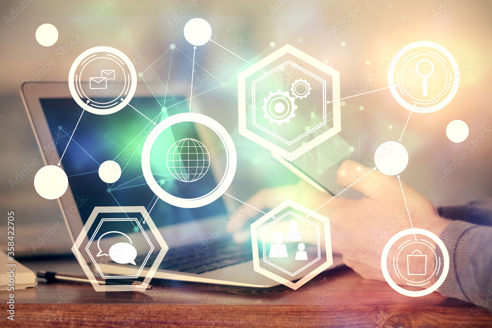 Double exposure of man's hands holding and using a phone and social network theme drawing. Double exposure of man's hands holding and using a phone and social network theme drawing.