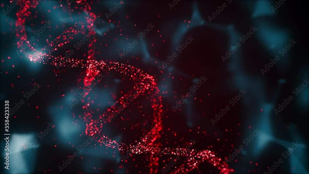 Abstract glowing red DNA rotating in dark epidemic environment.