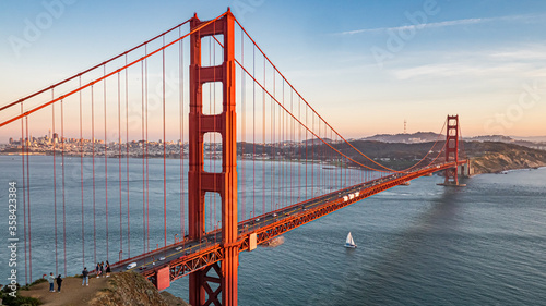 Fotografie, Obraz Golden Gate Bridge With Sail Boat