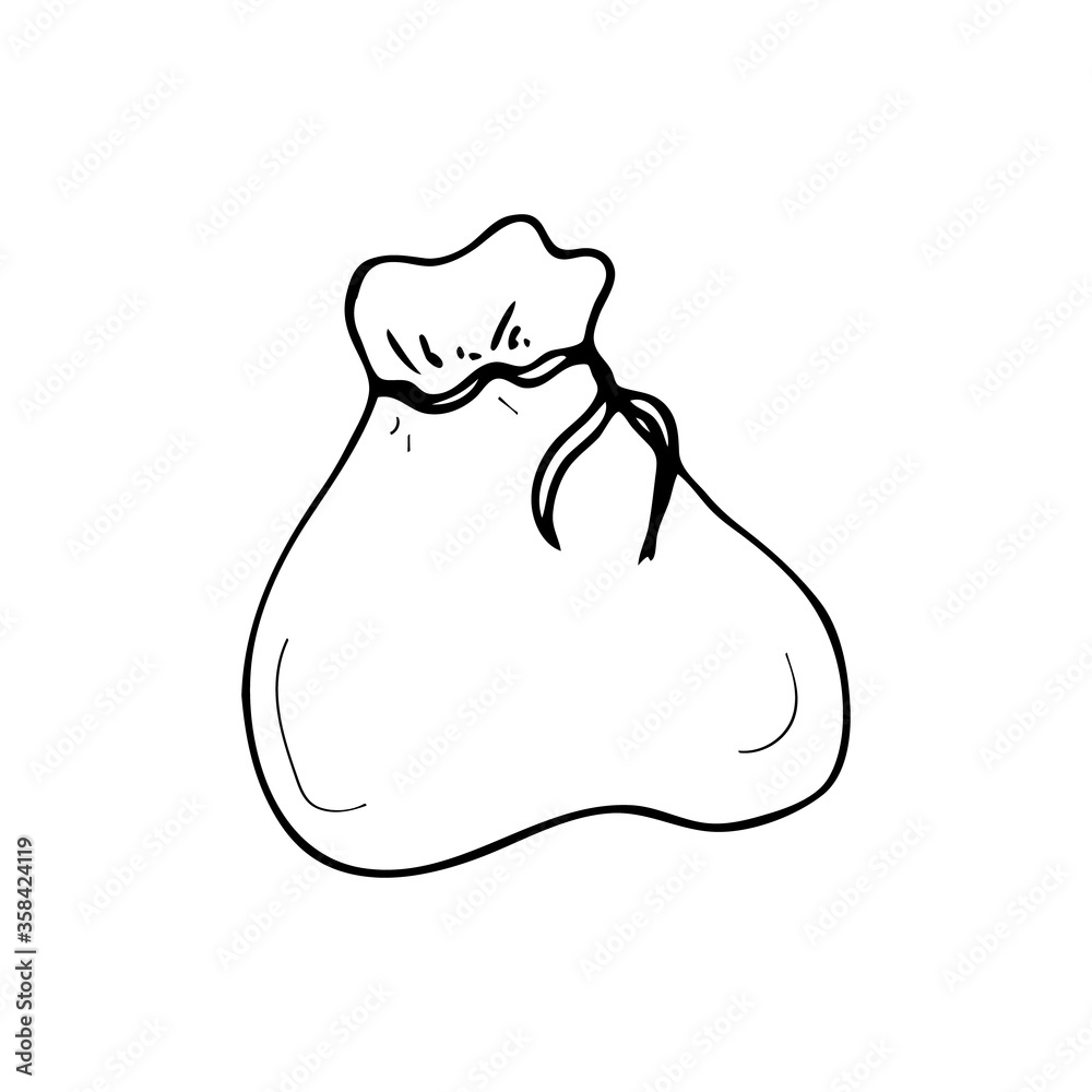 Drawstring textile bag. Cotton eco bag with braid. Outline vector hand drawn illustration isolated. Gift box. Drawstring textile bag. Cotton eco bag with braid. Outline vector hand drawn illustration isolated. Gift box.
