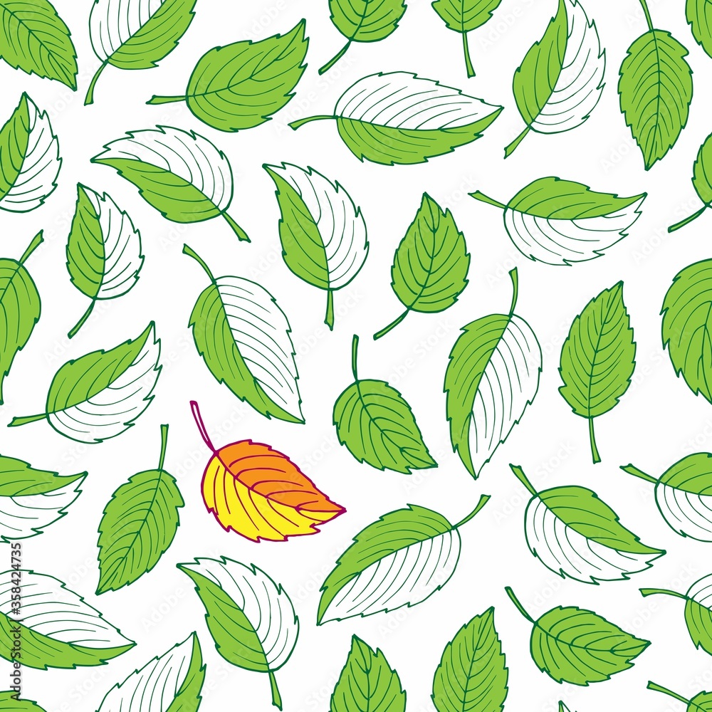 Vector seamless pattern with Green leaves and one red leaf. early autumn. Summer or Autumn Seamless pattern. Hand drawn illustration. For packaging, wrapping, wallpaper, fabric, party decor, scrap