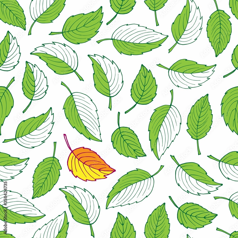 Fototapeta premium Vector seamless pattern with Green leaves and one red leaf. early autumn. Summer or Autumn Seamless pattern. Hand drawn illustration. For packaging, wrapping, wallpaper, fabric, party decor, scrap