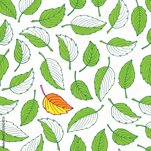 Vector seamless pattern with Green leaves and one red leaf. early autumn. Summer or Autumn Seamless pattern. Hand drawn illustration. For packaging, wrapping, wallpaper, fabric, party decor, scrap
