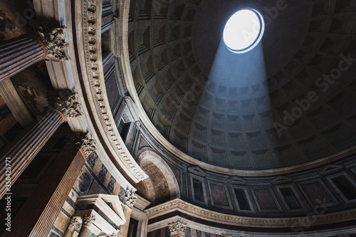 Indoor of Famous Eye of Pantheon in Rome. The Pantheon is a former Roman temple, now a Catholic church, in Rome, Italy.